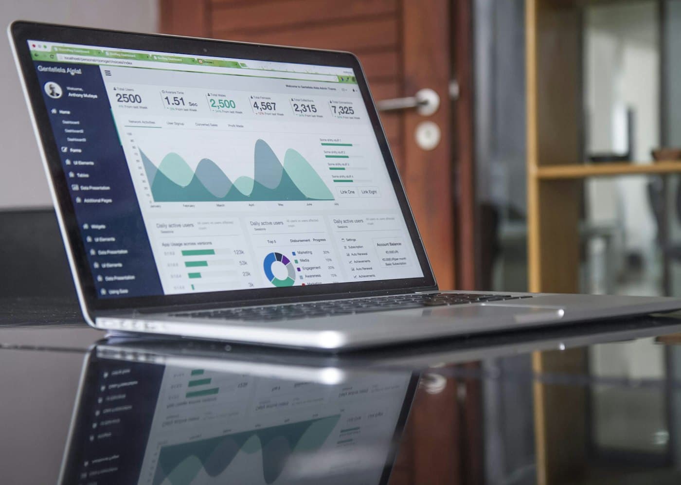 A laptop on a glass table showing analytics